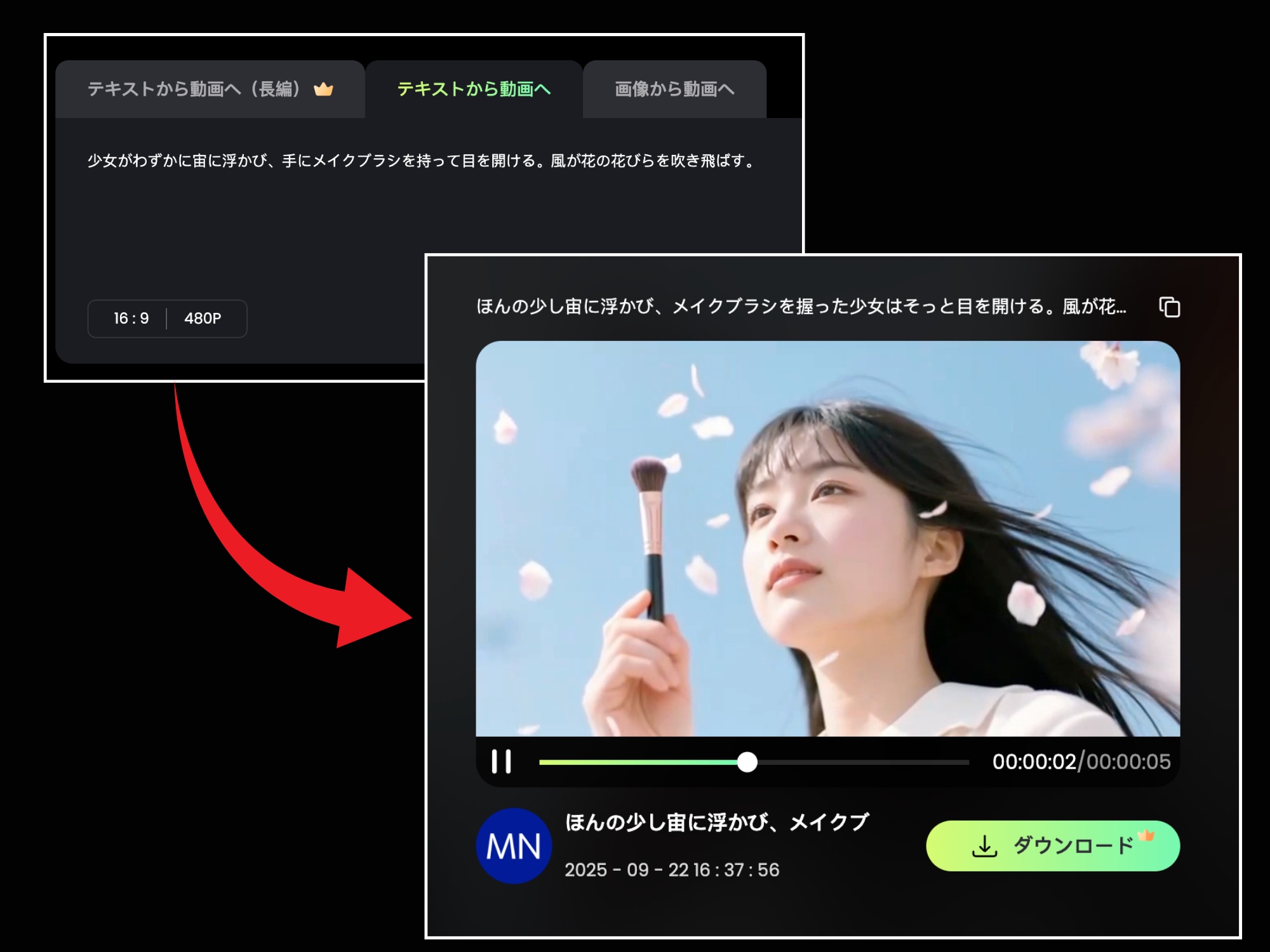 テキスト入力から動画生成までの流れ